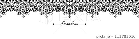 Classic black and white wedding invitation for print design. Decorative retro border, banner. 113783016