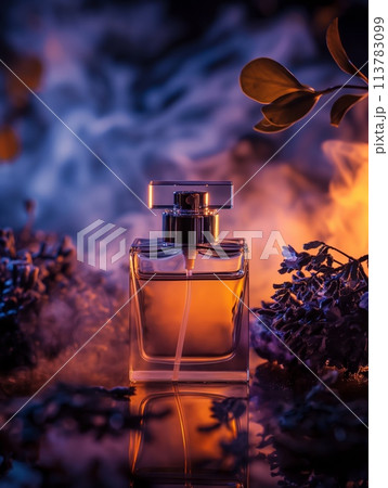Perfume bottle on a fiery mystical backdrop Perfume bottle on a fiery mystical backdrop 113783099