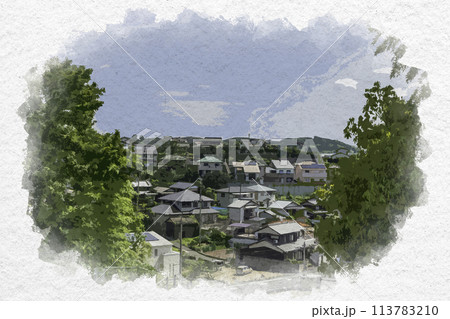 水彩画風　早島の街並み　岡山県都窪郡早島町 113783210