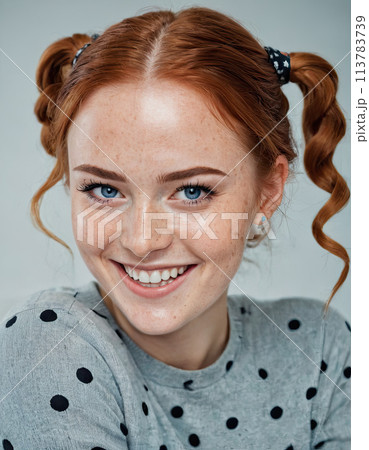 Redhead woman office portrait. Happy smiling lady with freckles and vibrant redhead braids portrait on workplace. 113783739