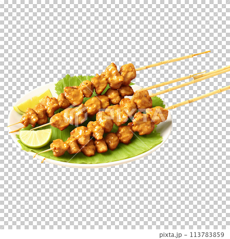 Chicken satay golden skewered meat peanut sauce drizzling isolated on transparent background Food and Culinary 113783859