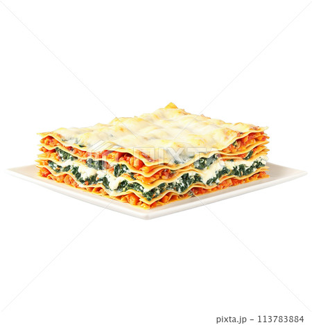 Vegetable lasagna stacked pasta sheets with ricotta and spinach filling oozing out isolated on transparent 113783884