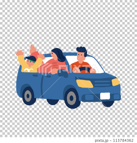 車でお出かけする家族のシンプルでフラットなイラスト 113784362