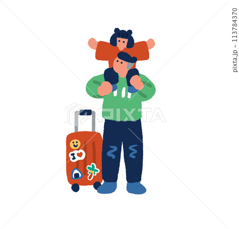 肩車をする親子とスーツケースの手書きイラスト 113784370