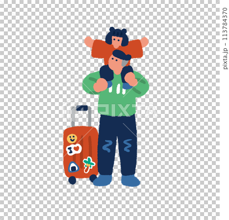 肩車をする親子とスーツケースの手書きイラスト 113784370