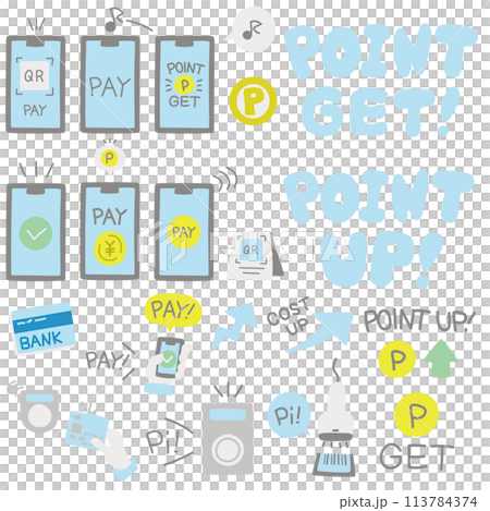 A set of illustrations of devices such as smartphones and text that represent electronic payment 113784374