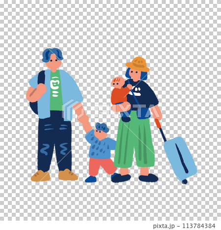 Simple and colorful hand-drawn illustration of parents and children going on a family trip Simple and colorful hand-drawn illustration of parents and children going on a family trip 113784384