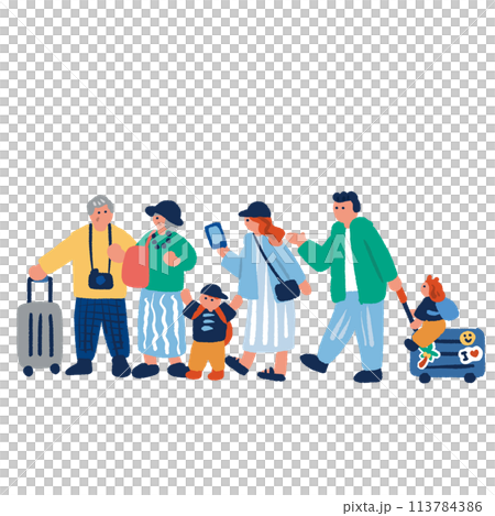 簡單多彩的手繪插畫,三代父母和孩子一起去家庭旅行 簡單多彩的手繪插畫,三代父母和孩子一起去家庭旅行 113784386