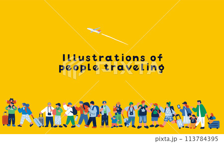 旅行する人々のカラフルな手描きイラスト 113784395