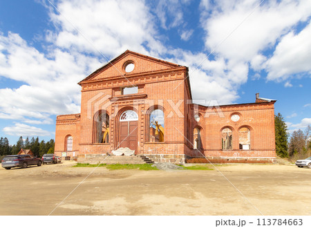 Beautiful view to Yakkima kircha (church) ruins which nowadays City of Angels Museum Lahdenpohja. Birds eye view to Attractions of Karelia region on a sunny summer day. Russia. Beautiful view to Yakkima kircha (church) ruins which nowadays City of Angels Museum Lahdenpohja. Birds eye view to Attractions of Karelia region on a sunny summer day. Russia. 113784663