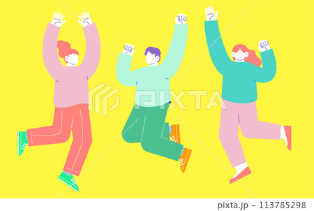 嬉しくてジャンプする男女3人のイラスト　白い背景に分離されたフラットなRGBのベクター素材 113785298
