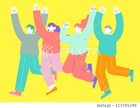 嬉しくてジャンプする男女4人のイラスト　白い背景に分離されたフラットなRGBのベクター素材 113785299