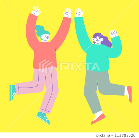 嬉しくてジャンプする女性2人のイラスト　白い背景に分離されたフラットなRGBのベクター素材 113785320