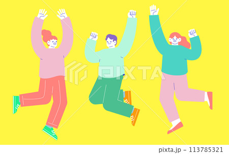 嬉しくてジャンプする男女3人のイラスト　白い背景に分離されたフラットなRGBのベクター素材 113785321
