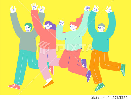 嬉しくてジャンプする男女4人のイラスト 白い背景に分離されたフラットなRGBのベクター素材 嬉しくてジャンプする男女4人のイラスト 白い背景に分離されたフラットなRGBのベクター素材 113785322