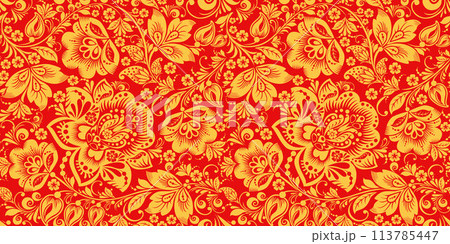 Hohloma in red and gold colors seamless pattern 113785447