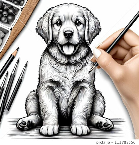 ゴールデレトリバーの子犬がお座りをしている白黒のイラスト 113785556