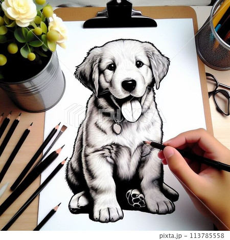 ゴールデレトリバーの子犬がお座りをしている白黒のイラスト ゴールデレトリバーの子犬がお座りをしている白黒のイラスト 113785558