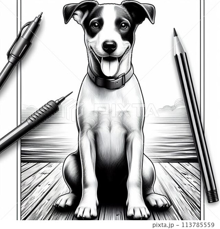 犬がお座りをしている白黒のイラスト 犬がお座りをしている白黒のイラスト 113785559