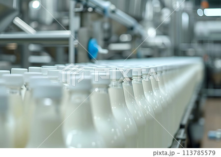 Factory line for processing and bottling of milk. Selective focus. 113785579