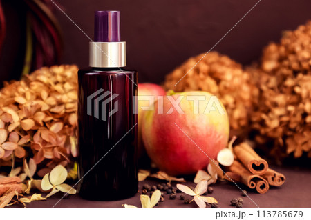 cosmetic oil spray bottle, apples, cinnamon, dried flower. Skincare beauty and liquid antibacterial spray. sunscreen, sunblock or sun cream. cosmetics skin hair care product blank packaging, mockup cosmetic oil spray bottle, apples, cinnamon, dried flower. Skincare beauty and liquid antibacterial spray. sunscreen, sunblock or sun cream. cosmetics skin hair care product blank packaging, mockup 113785679