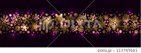 Gold and black seamless snowflake border, Xmas 113785681