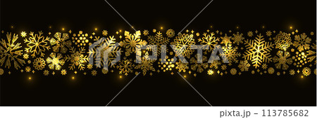 Gold and black seamless snowflake border, Xmas 113785682