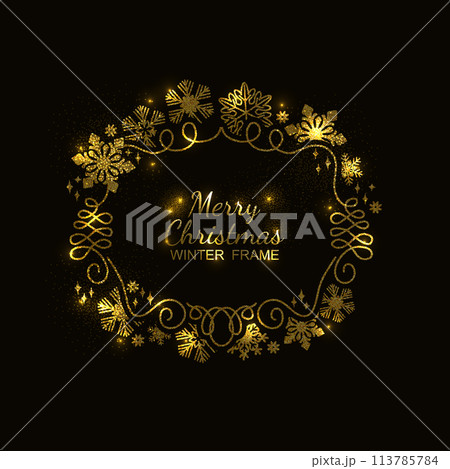 Gold snowflake frame, black background, Xmas 113785784