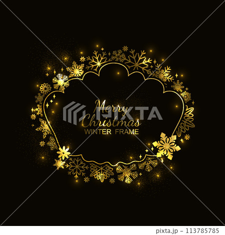 Gold snowflake frame, black background, Christmas 113785785