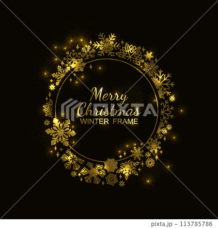 Gold circle snowflake frame, black background, xmas 113785786