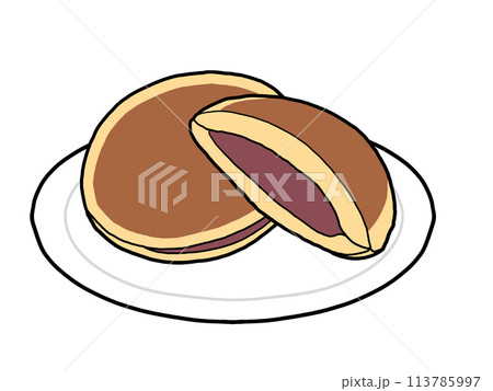 お皿に乗ったこしあんのどら焼きのイラスト 113785997