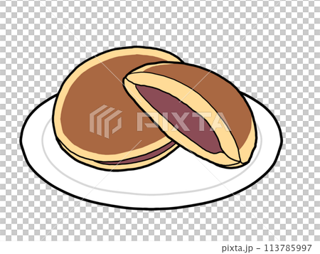 お皿に乗ったこしあんのどら焼きのイラスト 113785997