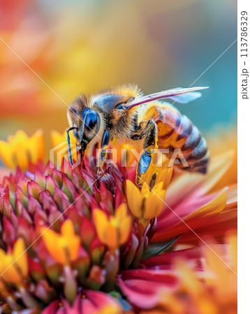 A close-up shot of a industrious honeybee gathering nectar from the vibrant, sun-kissed petals of a cheerful daisy flower, highlighting the vital role of pollinators in the natural world. 113786329