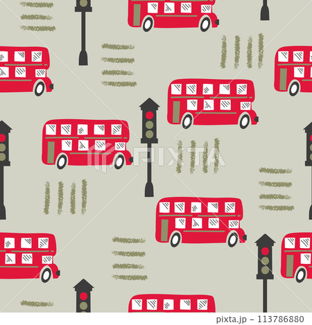 Seamless pattern with cartoon red London bus. Baby print 113786880