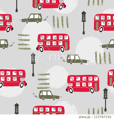 Seamless road pattern with cartoon red London bus and car. Baby print 113787150
