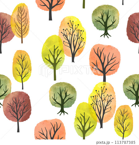 Seamless watercolor autumn trees pattern. Vector abstract autumn forest Seamless watercolor autumn trees pattern. Vector abstract autumn forest 113787385