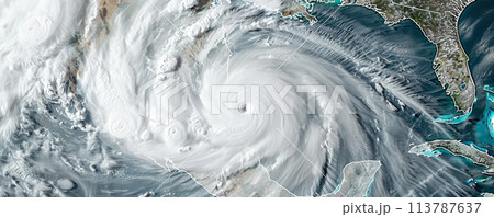 Aerial hurricane view depicting the swirling vortex, satellite imagery of storm pattern, meteorology focus 113787637