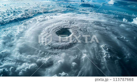 Eye of hurricane, calm vortex amidst swirling clouds, peaceful center, satellite view, high altitude 113787668