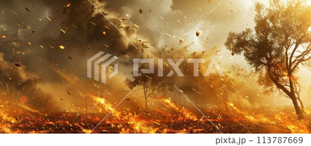 An intense windstorm causing havoc, trees bending, debris flying, and severe weather conditions prevailing 113787669