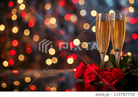 glasses with sparkling wine or champagne and red roses on table with bokeh lights in the background 113787759