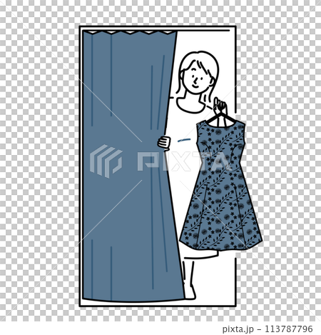 A woman coming out of a fitting room A woman coming out of a fitting room 113787796