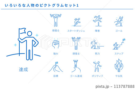 いろいろな人物のピクトグラムセット1、達成と成長のためのピクトグラムベクター素材 113787888