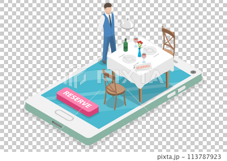 Table online reservation flat isometric  concept. 113787923
