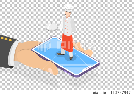 Flat isometric concept of table online reservation, mobile booking. Flat isometric concept of table online reservation, mobile booking. 113787947