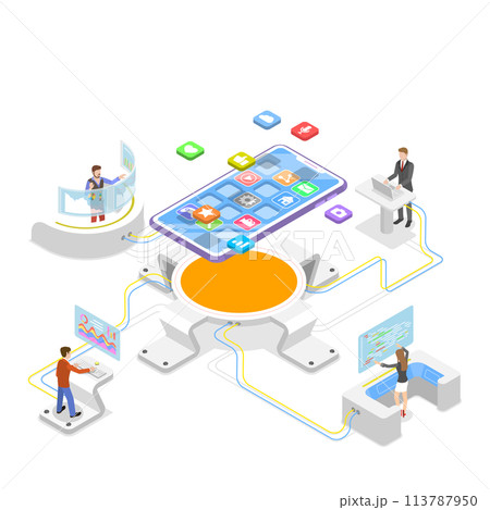 Flat isometric concept of mobile app development, programming. Flat isometric concept of mobile app development, programming. 113787950