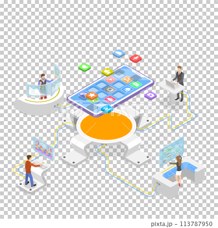 Flat isometric concept of mobile app development, programming. Flat isometric concept of mobile app development, programming. 113787950