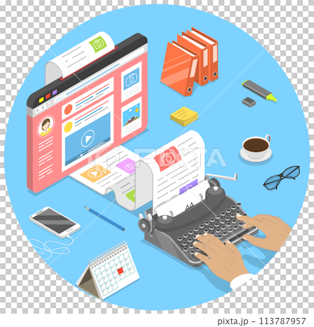 Isometric flat concept of creative business blogging. Isometric flat concept of creative business blogging. 113787957