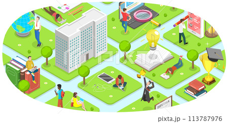 Flat Isometric  Concept of Campus Illustration. 113787976