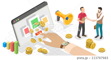 3D Isometric Flat Concept of PPC Digital Marketing Campaign. 3D Isometric Flat Concept of PPC Digital Marketing Campaign. 113787983