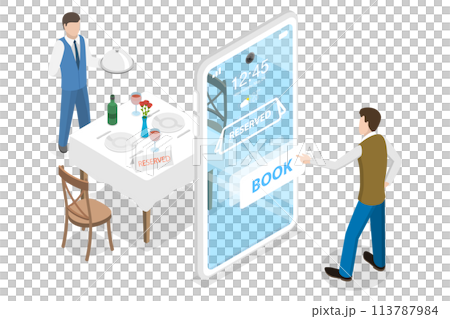 3D Isometric Flat Concept of, Restaurant and Cafe Online Food Order App. 3D Isometric Flat Concept of, Restaurant and Cafe Online Food Order App. 113787984